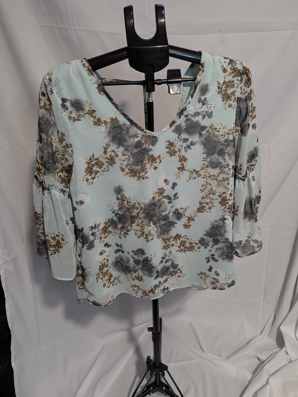 V-Neck Floral Bell-Sleeve Blouse in Light Aqua